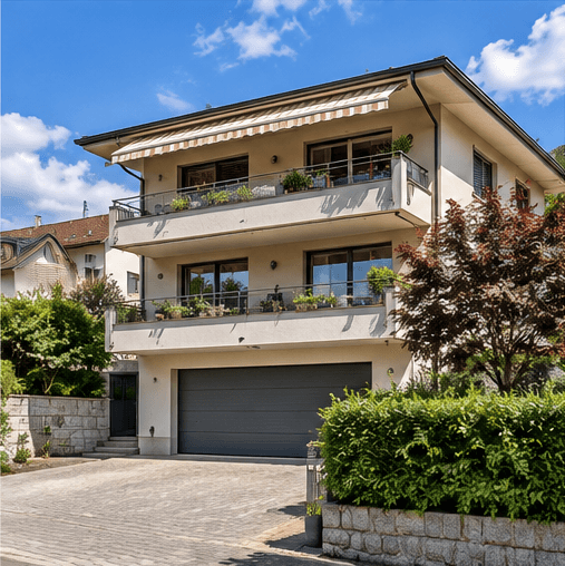 Moderne mehrgeschossige Wohnresidenz mit großzügigen Balkonen und integrierter Garage